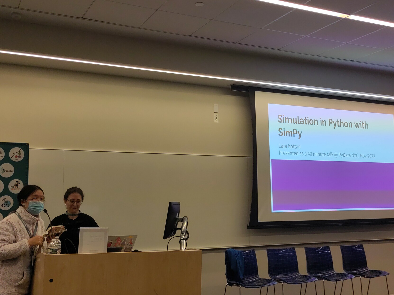 Photo of Lara Kattan about to start talking about SimPy at PyData NYC