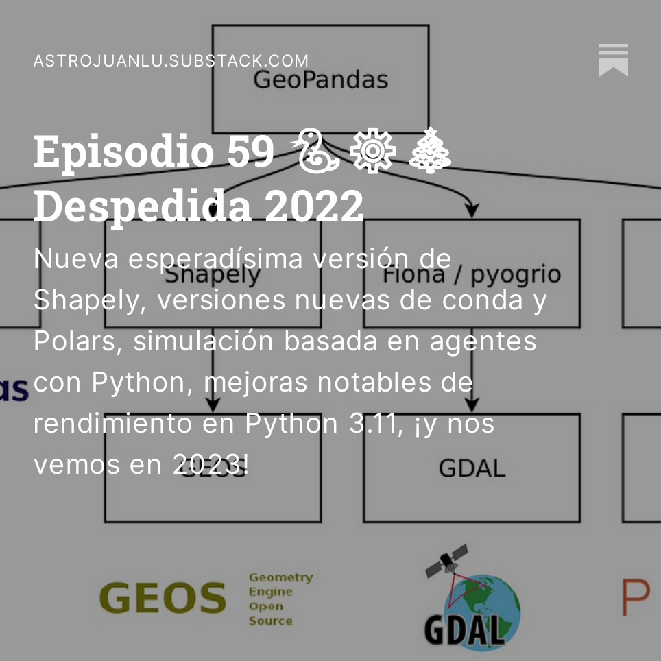 Noticias sobre Python científico de la semana, episodio 59 🐍⚙️🎄 Despedida 2022

En resumen: Nueva esperadísima versión de Shapely, versiones nuevas de conda y Polars, simulación basada en agentes con Python, mejoras notables de rendimiento en Python 3.11, ¡y nos vemos en 2023!