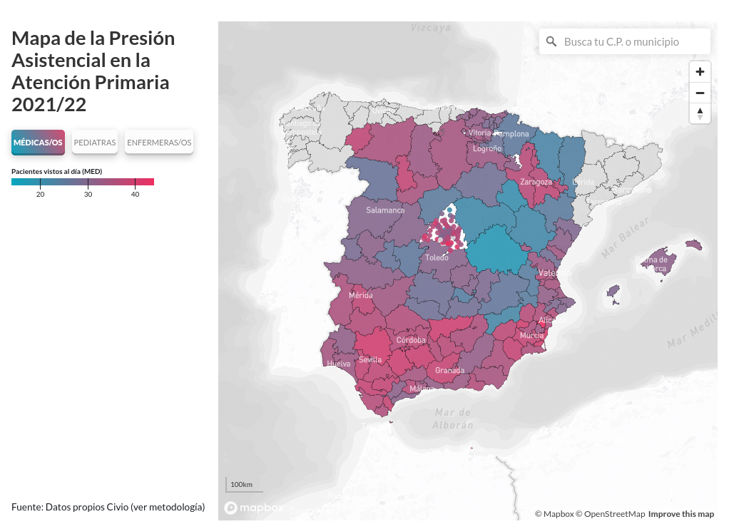 Screenshot of a map that shows the pressure on the primary healthcare system in Spain