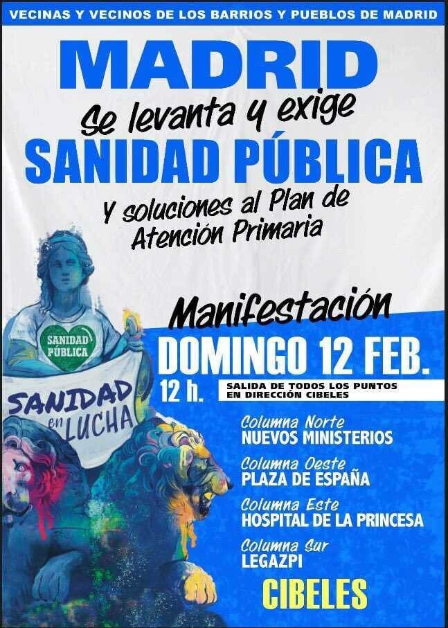 Cartel "Madrid se levanta y exige Sanidad Pública y soluciones al Plan de Atención Primaria". Manifestación domingo 12 de febrero a las 12 horas, salida de todos los puntos en dirección Cibeles.