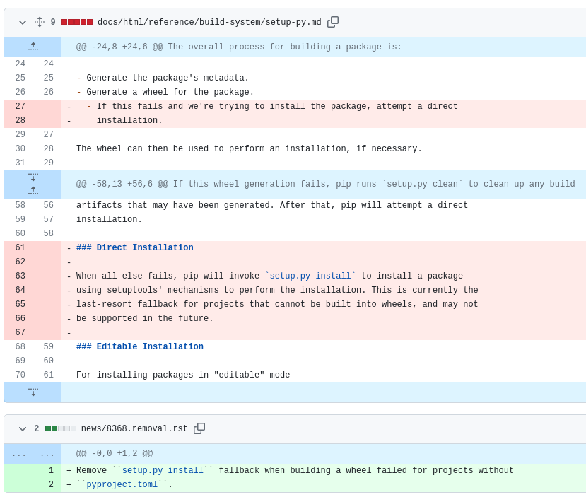 Screenshot of a fragment of https://github.com/pypa/pip/pull/11874/ showing removals of `setup.py install` references from the pip documentation and a new changelog entry saying "Remove ``setup.py install`` fallback when building a wheel failed for projects without
``pyproject.toml``."