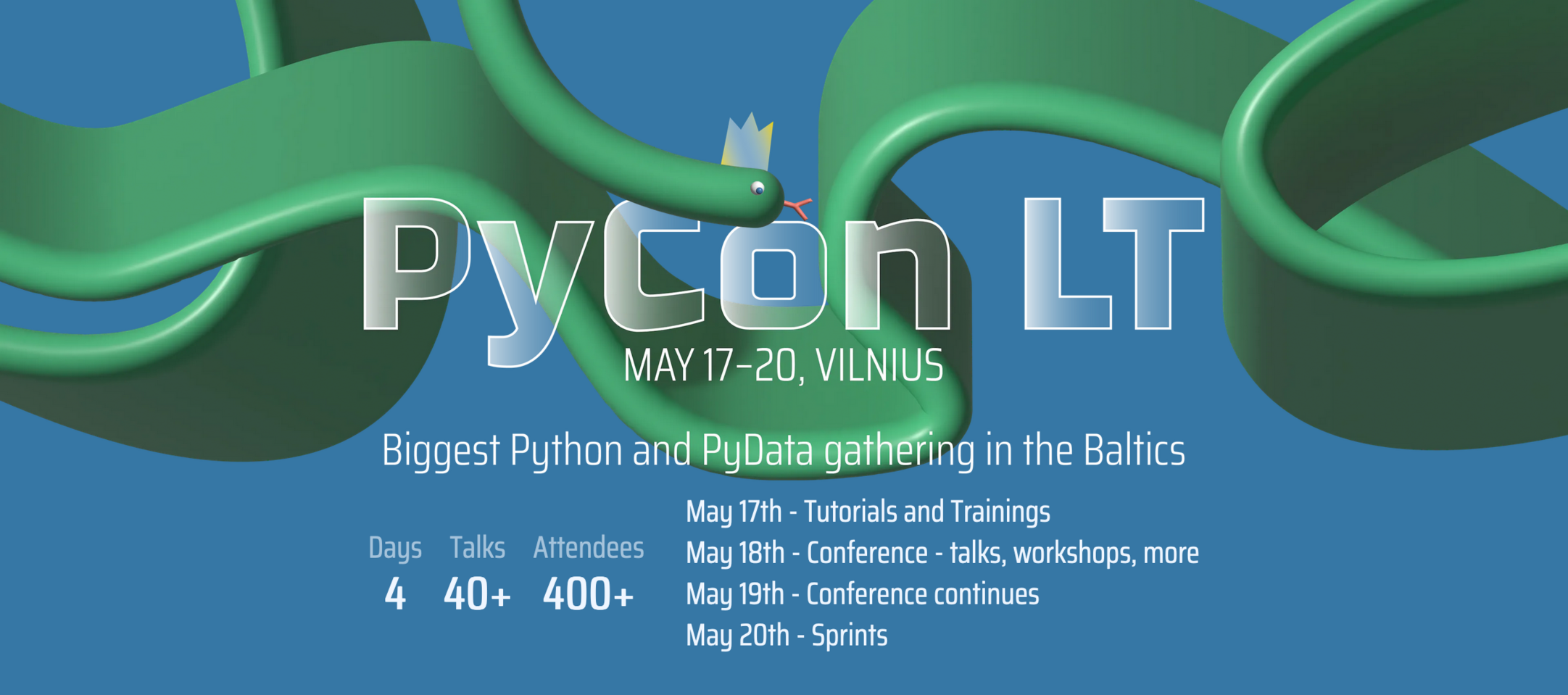 Banner of PyCon Lithuania, showing "Biggest Python and PyData gathering in the Baltics", dates May 17-20, location Vilnius, and some information