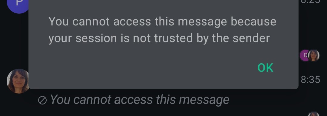 Screenshot showing a modal saying "You cannot access this message because your session is not trusted by the sender"