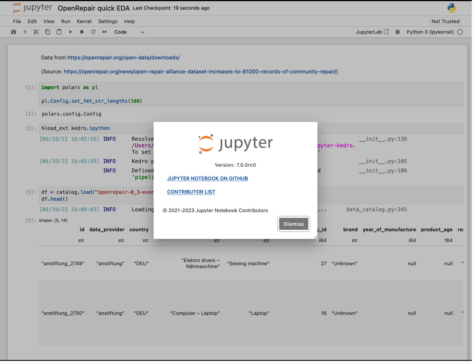 Screenshot of the Jupyter (Classic) Notebook 7.0.0rc0 UI with a Kedro project in the background