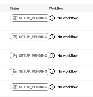 Screenshot of several rows displaying "SETUP_PENDING" in the "Status" column and "No workflow" in the "Workflow" column