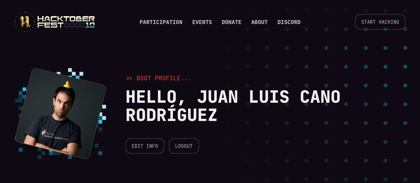 Screenshot showing the Hacktoberfest 2023 website and a message saying "Hello, Juan Luis Cano Rodríguez"