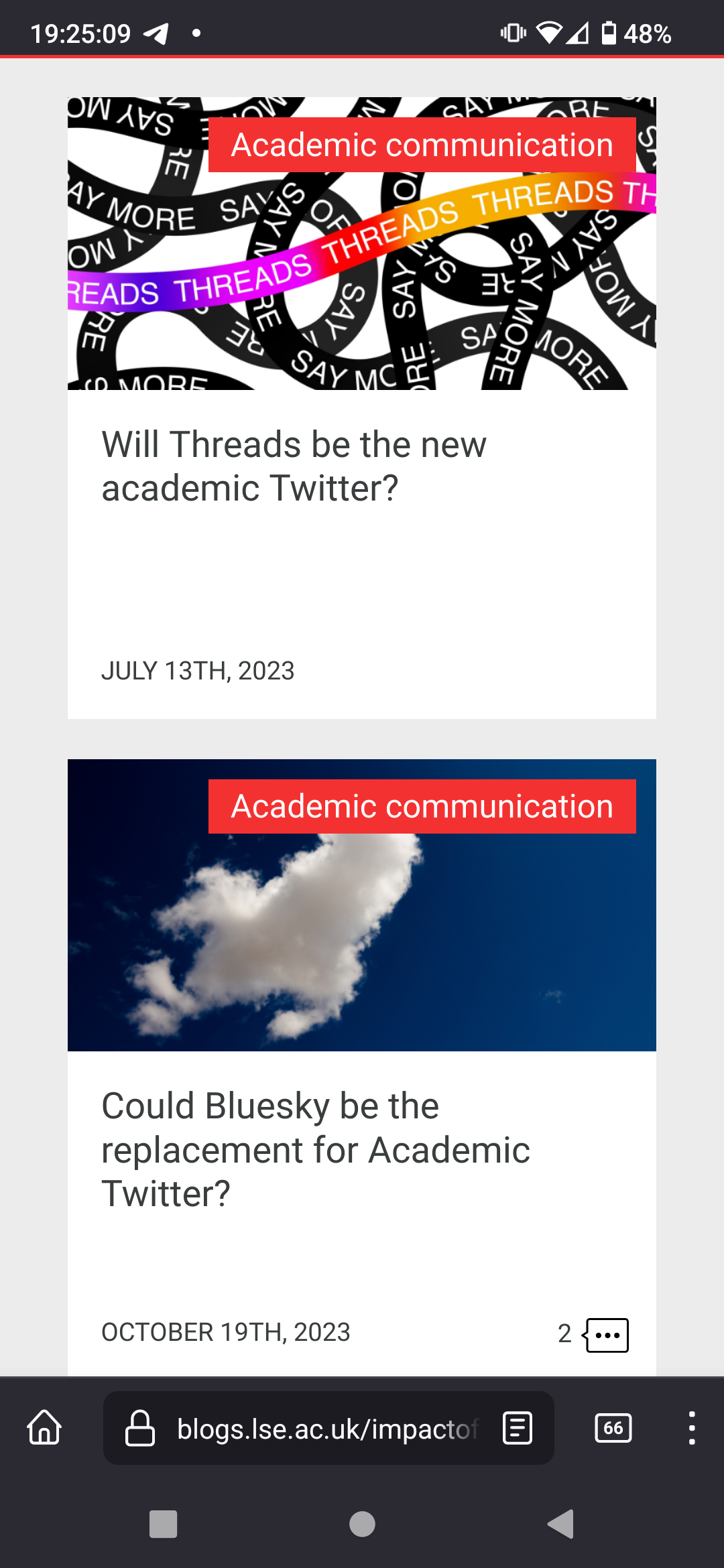 Screenshot of a website showing "Will Threads replace Academic Twitter" published in July, and then "Will Bluesky replace Academic Twitter" published in October