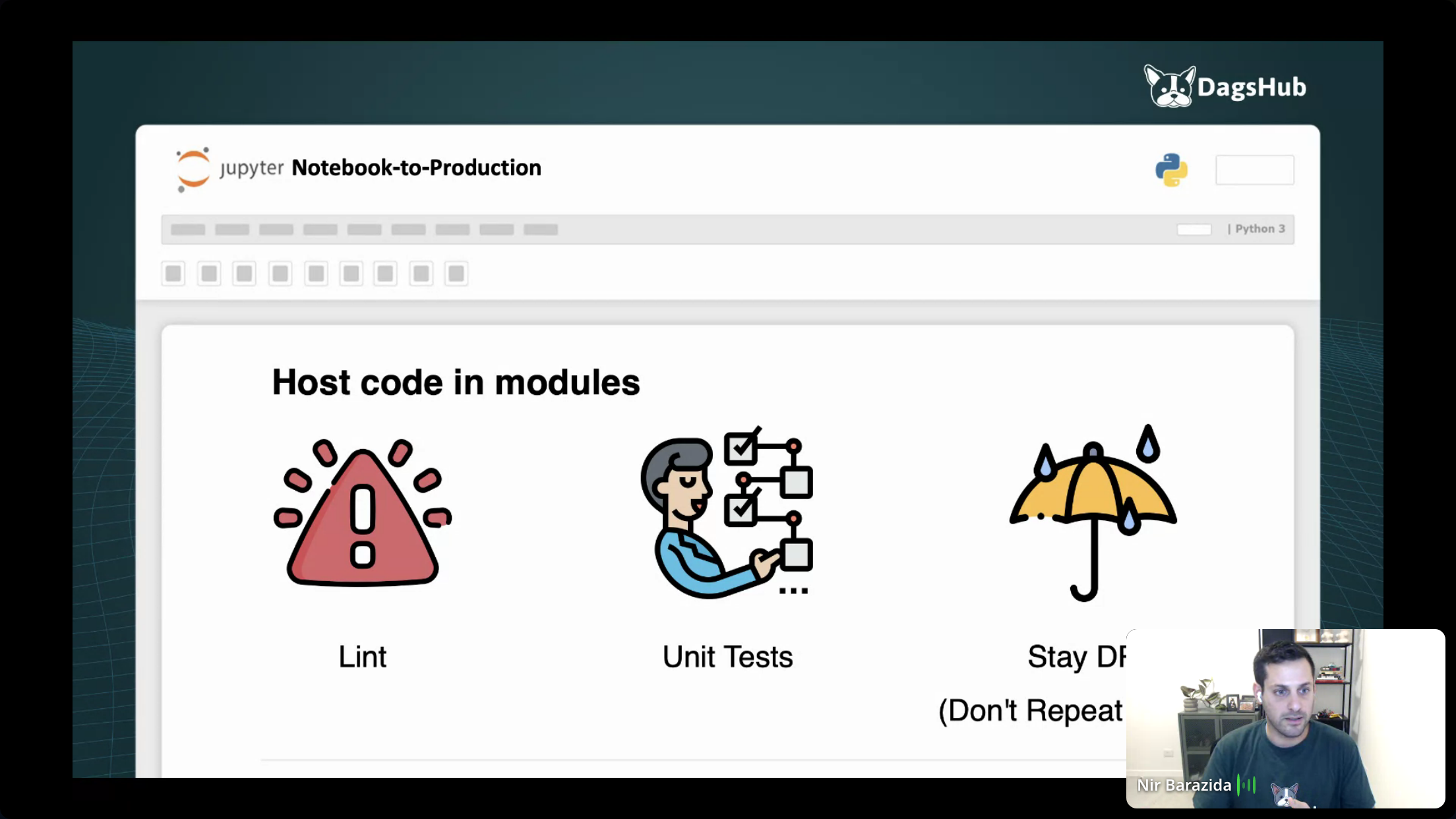 Screenshot of the face of a speaker on the bottom-right corner of the screen, with a slide titled "Notebook-to-Production" and several icons simbolising good practises
