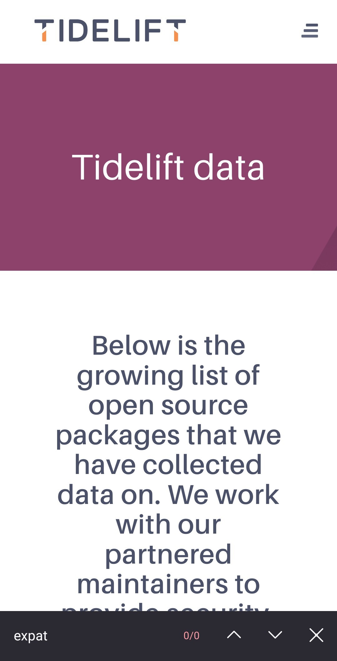 Screenshot of Tidelift open source catalog, 0 search results for "expat"