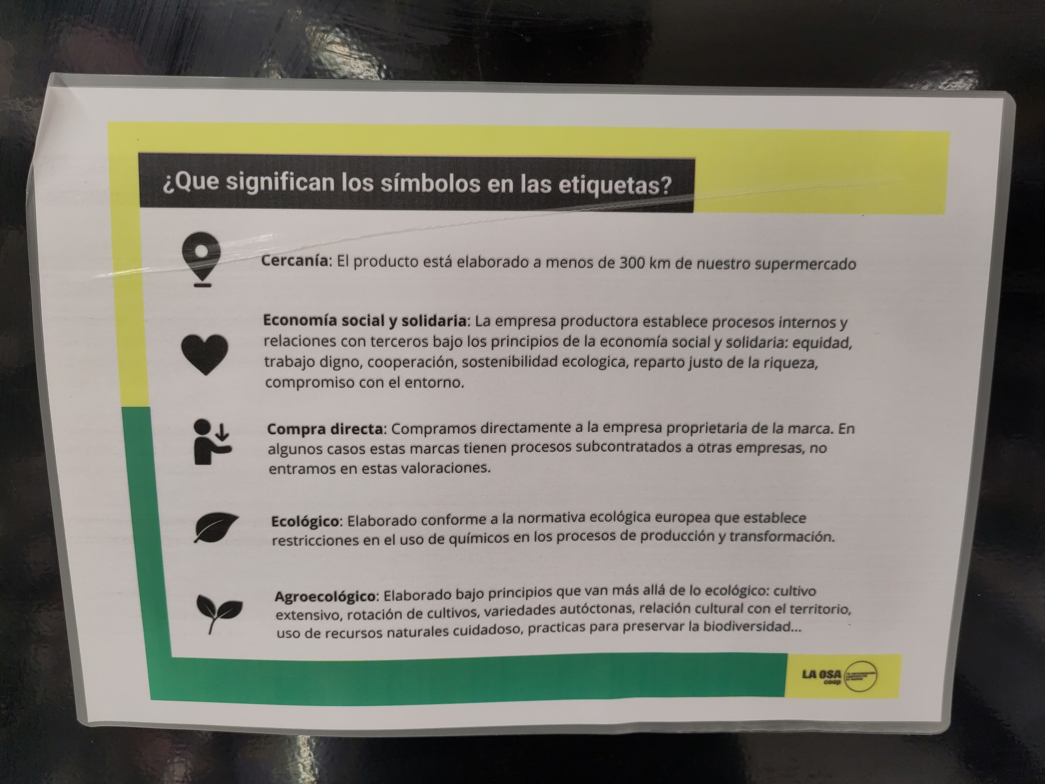 Cartel titulado "¿Qué significan los símbolos de las etiquetas?" y cinco símbolos con sus descripciones: Cercanía, Economía Social y Solidaria, Compra directa, Ecológico, Agroecológico