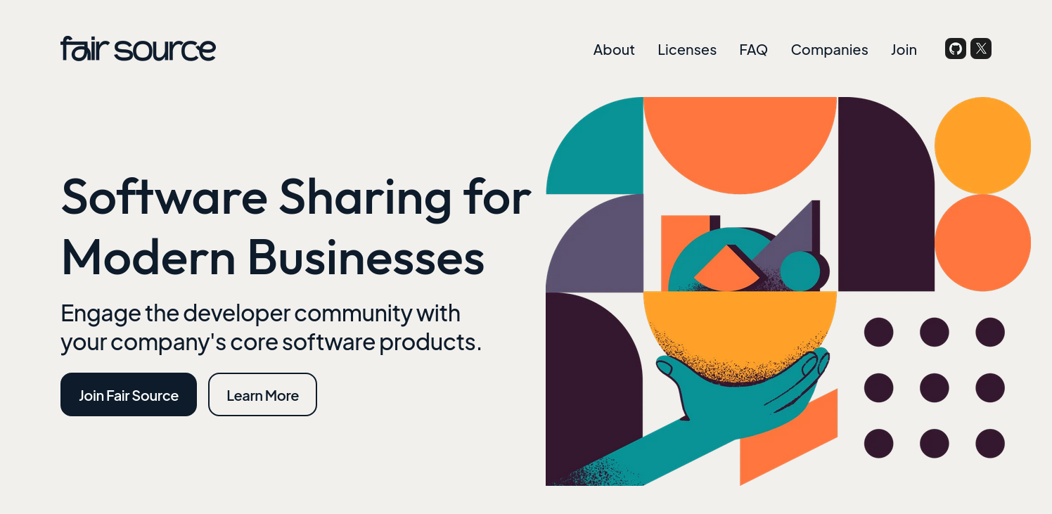 Screenshot of a website, top left says "fair source", H1 is "Software Sharing for Modern Businesses", H2 is "Engage the developer community with your company's core software products", buttons say "Join Fair Source" and "Learn More"