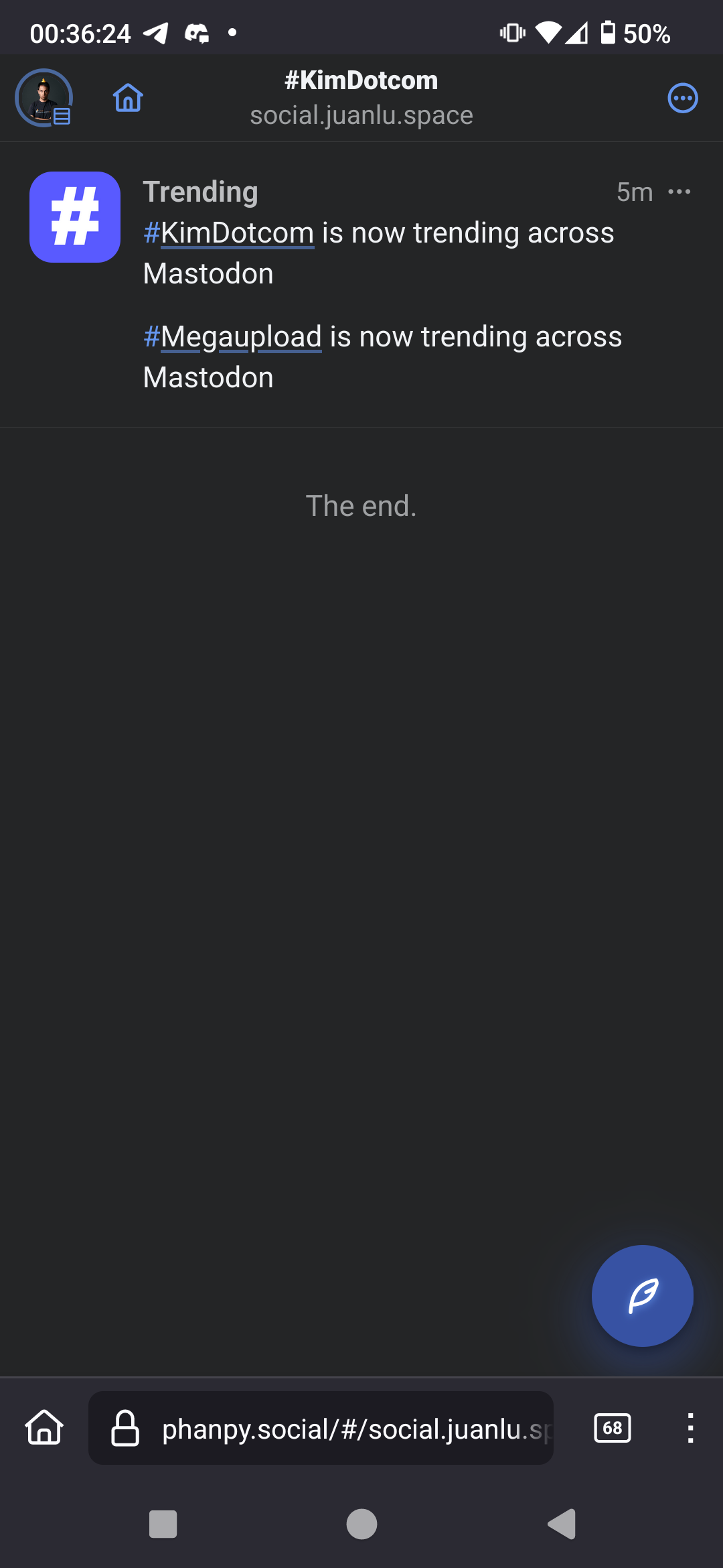 Mastodon view of the #KimDotcom hashtag, there's a single toot saying "#KimDotcom is now trending across Mastodon", and below the UI says "The end"